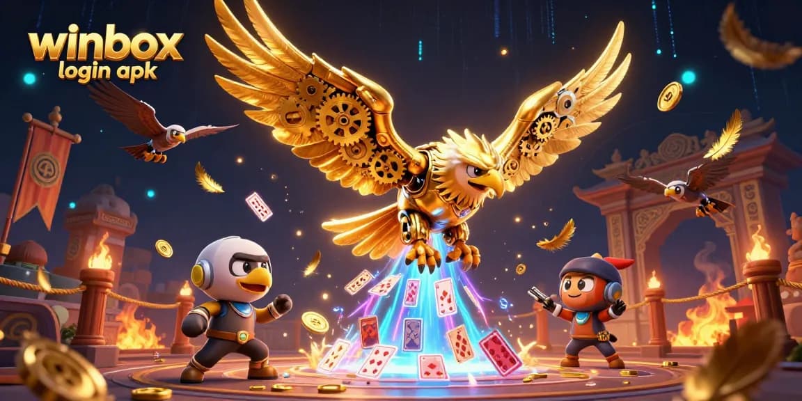 Engage with the dynamic winbox login apk scene featuring cybernetic eagle and holographic cards.
