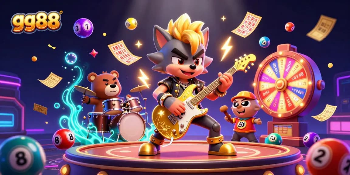 Dynamic scene showcasing a wolf and bear in gg88 casino, highlighting vibrant lottery and prize elements.