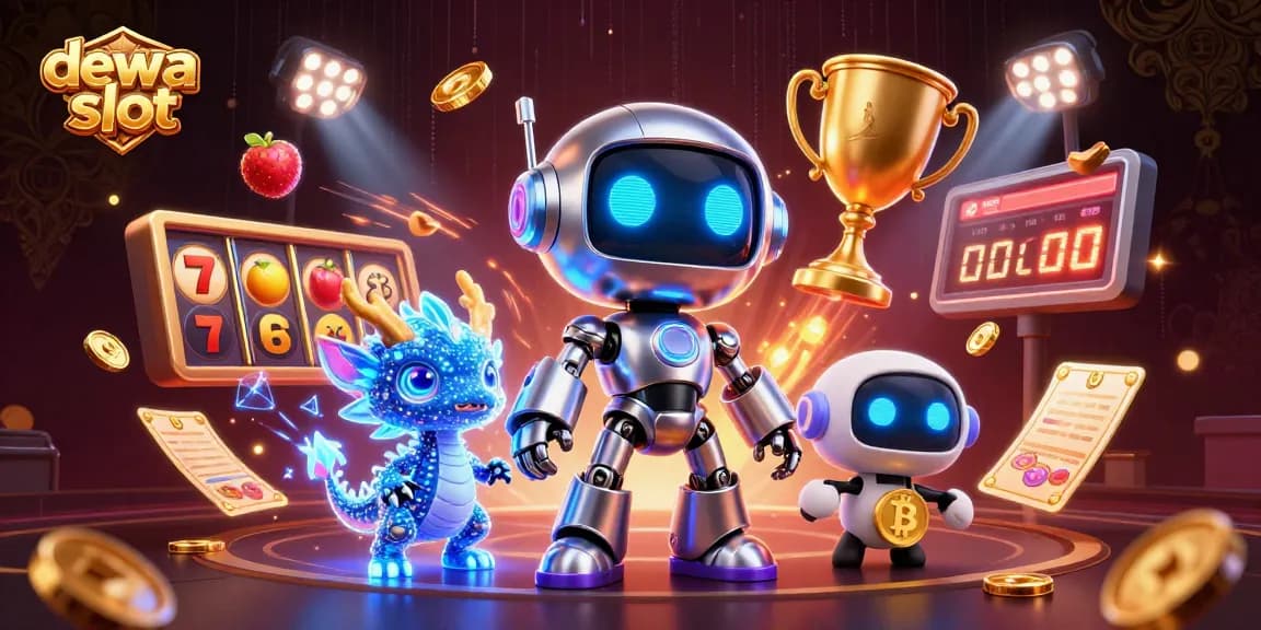 Mengakses kemenangan menarik di dewa slot dengan ilustrasi 3D robot dan hologram yang memikat di dunia kasino.