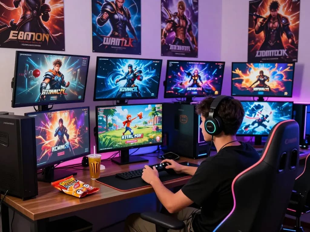 Gamer immersed in HTML porn games on a vibrant multi-screen setup, showcasing excitement and community.