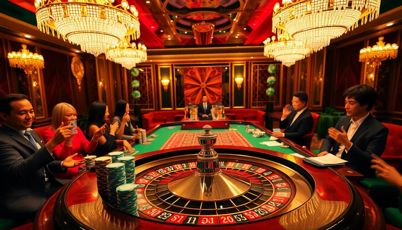 Experience high-stakes gambling at an OK8386 roulette table surrounded by excitement and luxury.