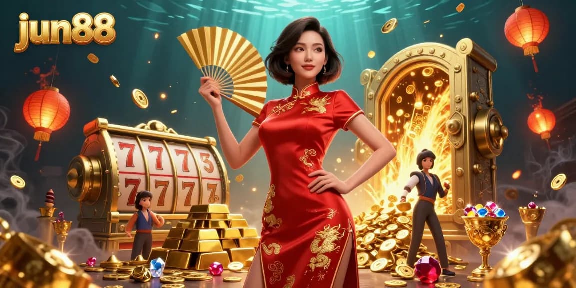 Experience the thrill of jun88 with a confident player surrounded by slot reels and gold.