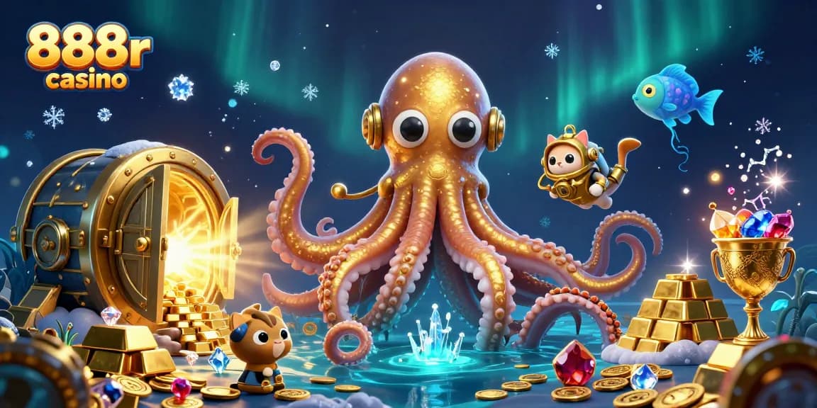 Engage with 888r casino's thrilling adventures in a vibrant underwater treasure scene filled with gold and gems.