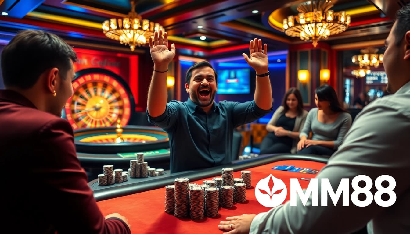 Exciting poker hand in an upscale MM88 casino setting, capturing the thrill of gambling.