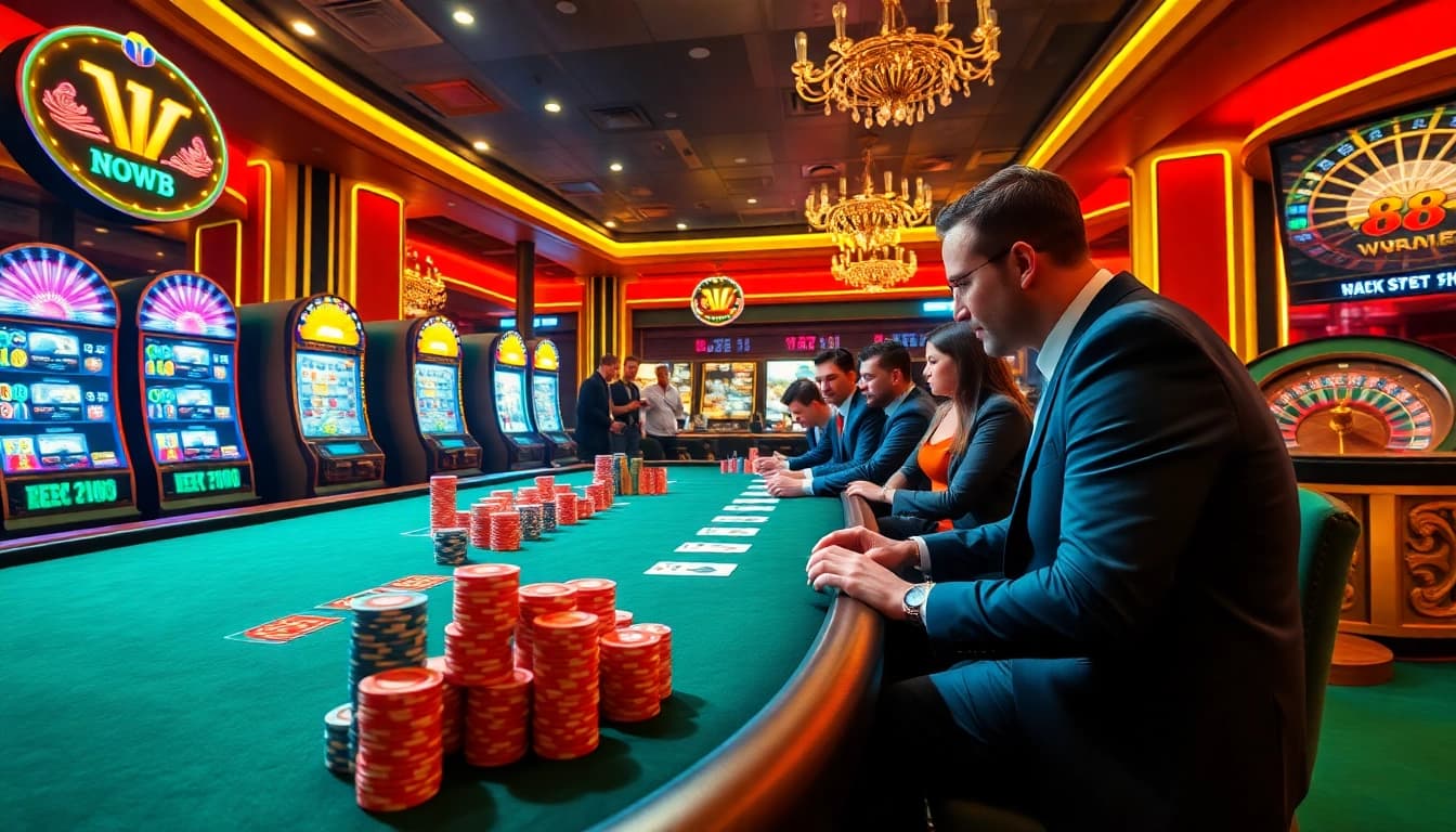 New88 casino scene with vibrant poker chips and a spinning roulette wheel showcasing a thrilling gambling atmosphere.