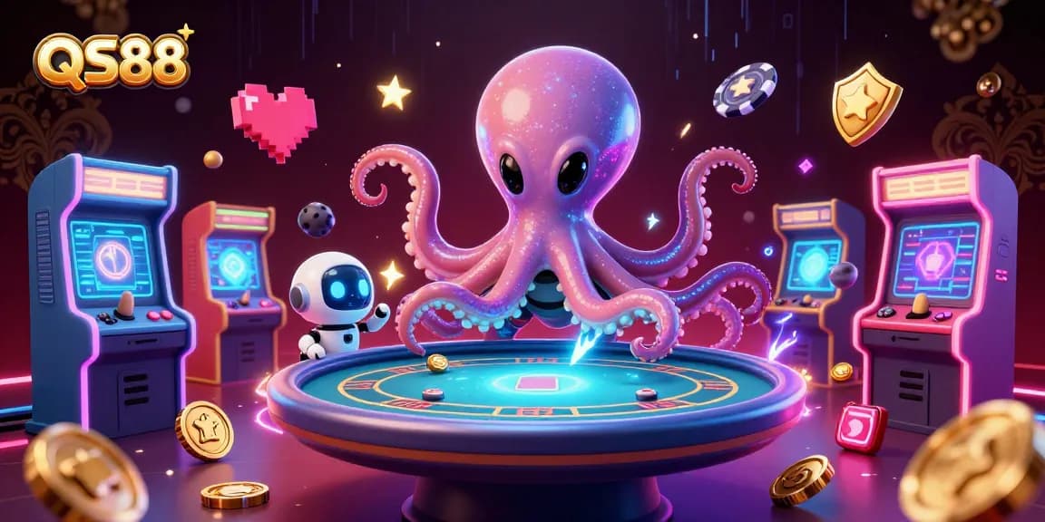 Play poker with QS88 as an alien octopus conducts a thrilling game in a vibrant casino scene.