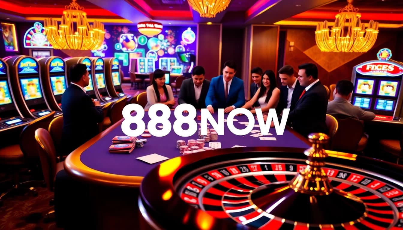 Experience the excitement of 888NOW at a luxurious online casino table with vibrant chips and cards.