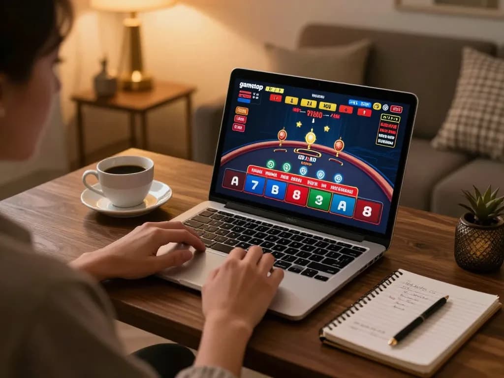 Engaging in casinos not on gamstop using a laptop for online gaming in a warm home setting.