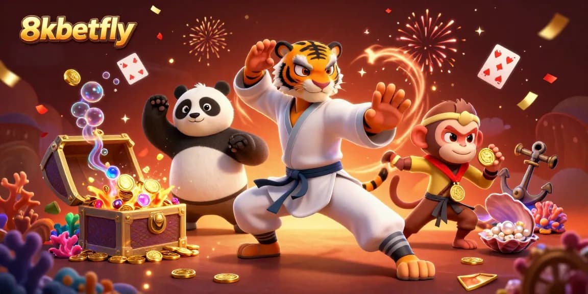 Engage with exciting games at 8xbetfly featuring a vibrant scene of Kung Fu characters in a colorful casino setting.