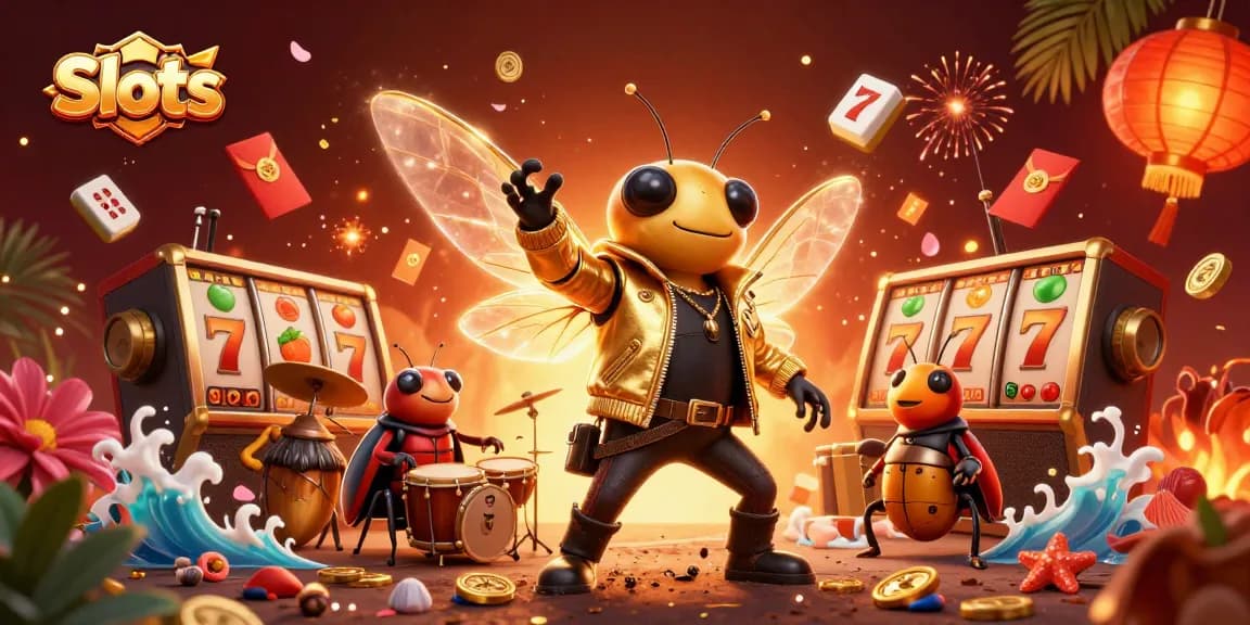 Spin vibrant Slots with a rock star cicada, beetle drummer, and crickets in a rich casino scene.