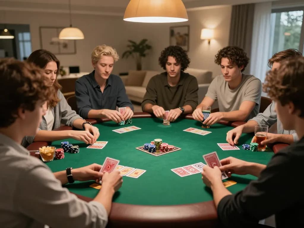 Players engaged in an exciting poker game night at home, showcasing Tr88 chính thức and strategic gameplay.