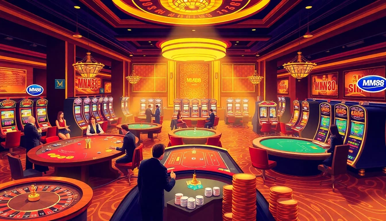 Experience the excitement of MM88 at a vibrant casino with poker tables and slot machines.