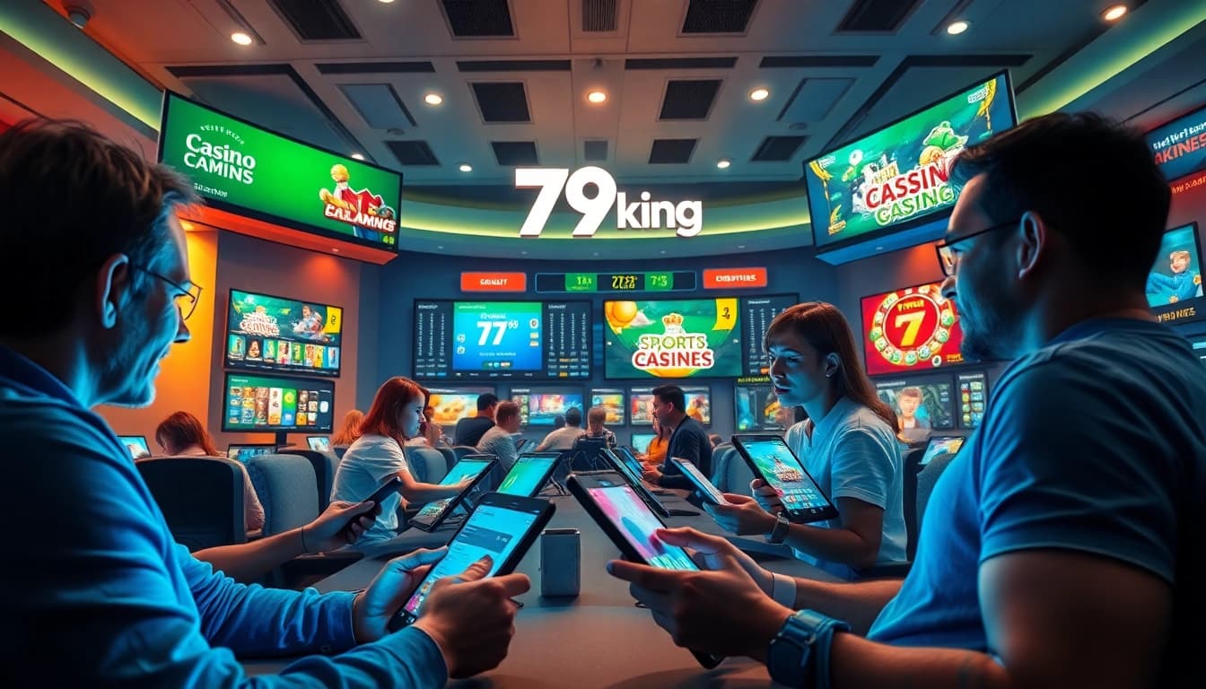 Dynamische digitale interface met 79king gokspellen en opgewonde spelers.