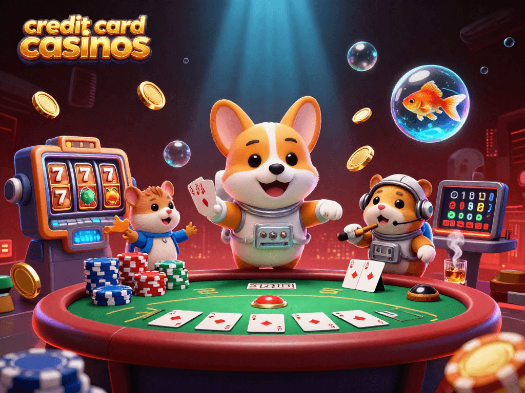 Experience thrilling action at credit card casinos featuring floating characters and dynamic gaming elements.
