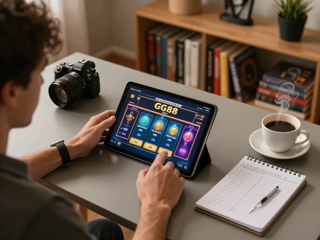 Engage in winning strategies on GG88 with a lively online gaming setup featuring a tablet.