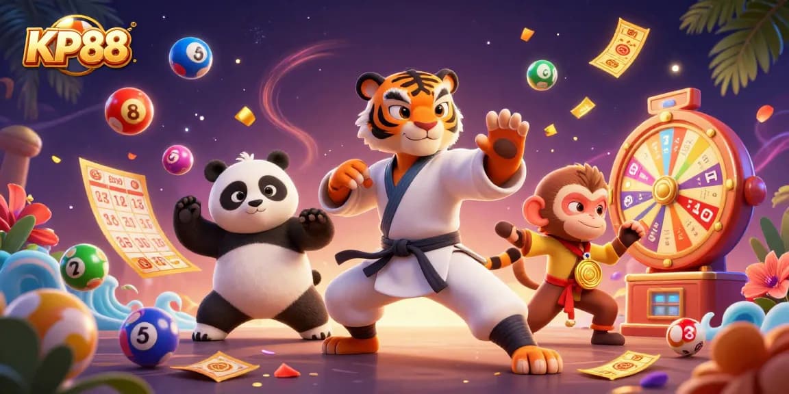 Experience the thrill of KP88's online casino with colorful lottery elements and animated characters.