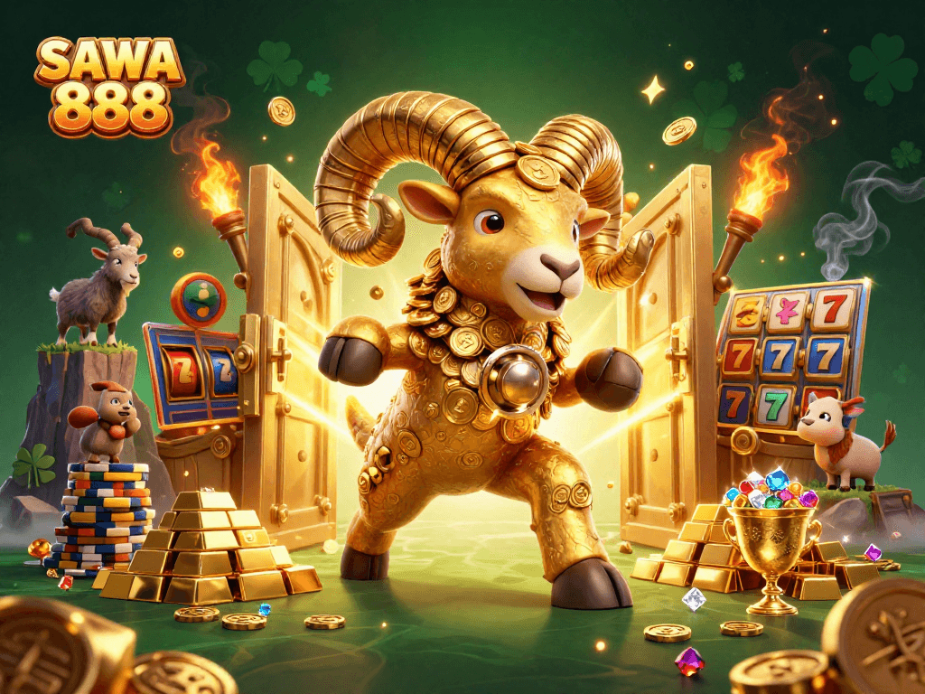 Spin the reels with SAWA 888 at a vibrant casino scene featuring treasure and excitement.
