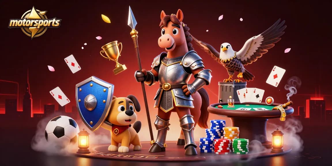 Engage in thrilling motorsports betting with a vibrant 3D gaming scene featuring knights and sports elements.