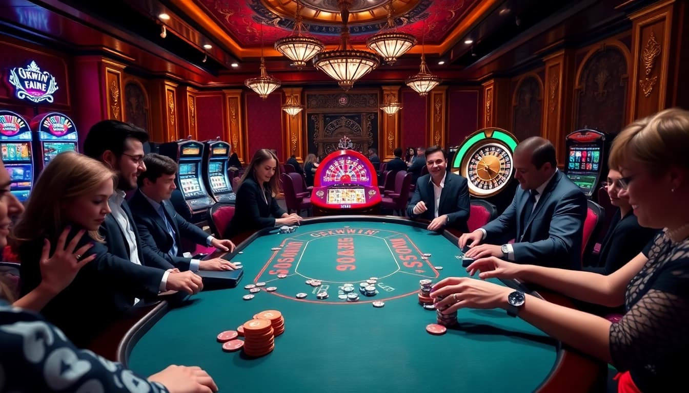 Okwin players enjoying a thrilling poker game at an elegant casino table.