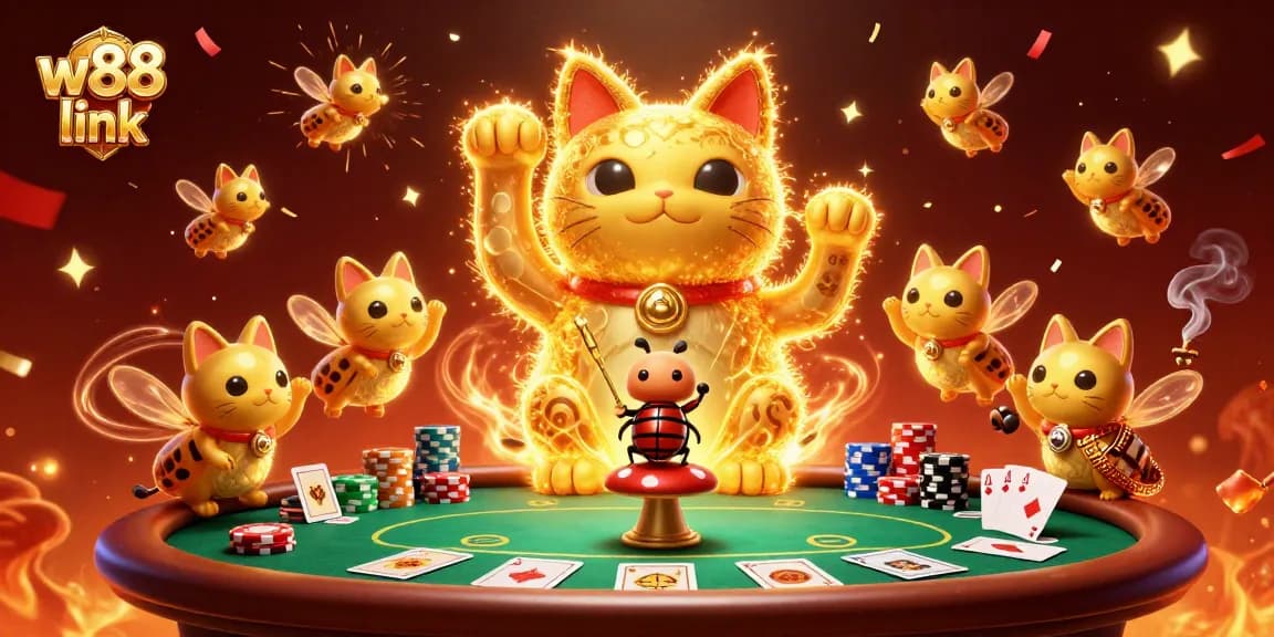 Engage with dynamic gaming action at w88 link featuring a lucky cat and vibrant casino elements.