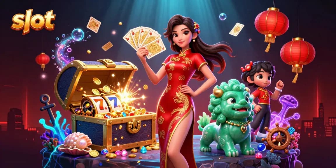 Experience thrilling slot games with stunning visuals and dynamic characters in this vibrant casino illustration.