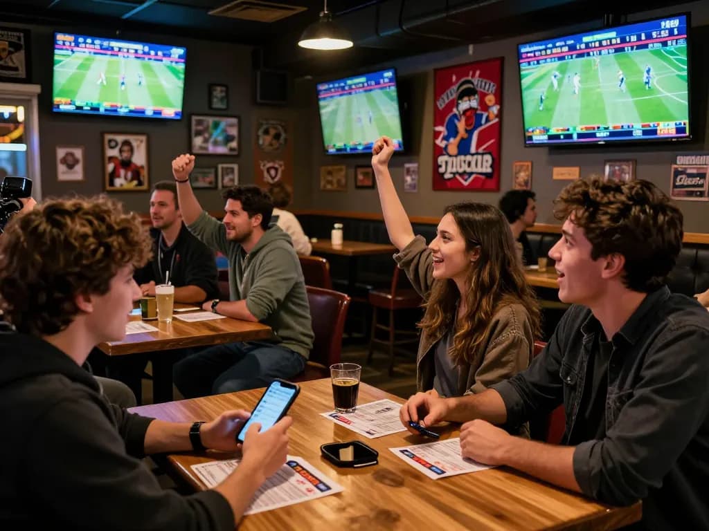 Fans placing bets and celebrating victories at the sports bar, capturing the excitement of 123bmvp gambling.