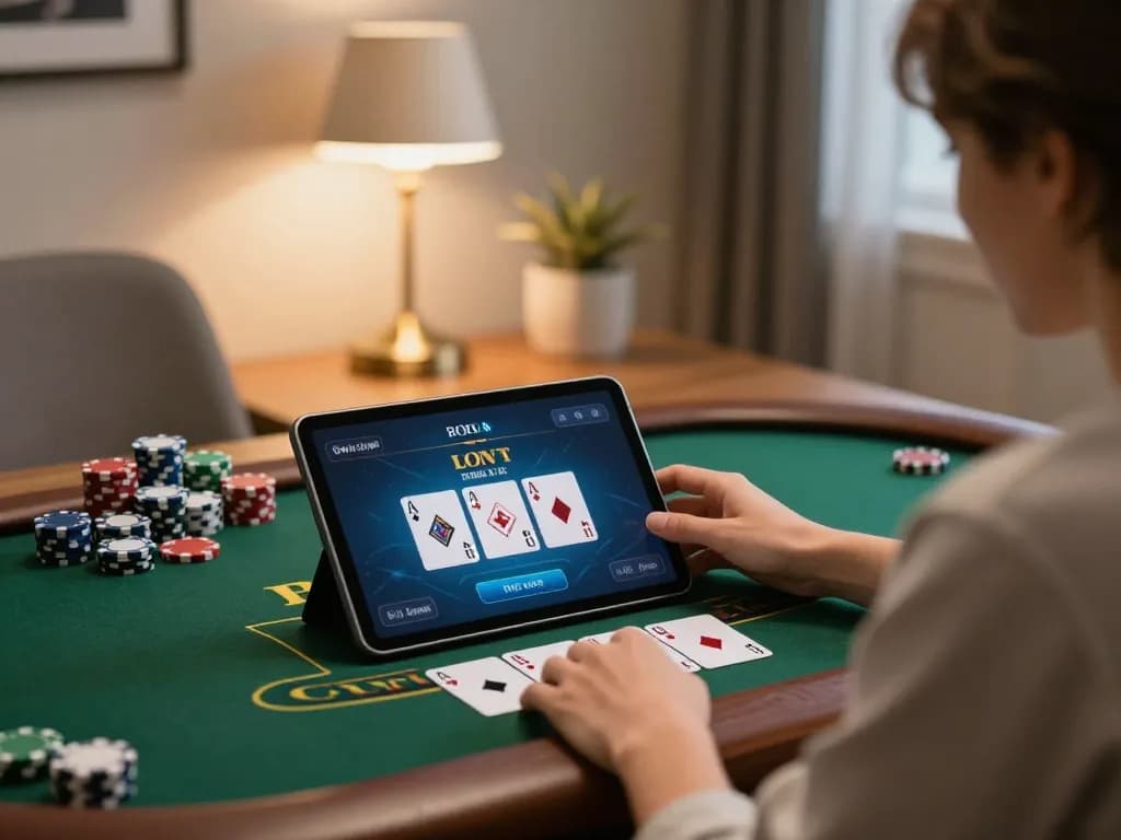 Kuwin player strategizing during an online blackjack session with tablet and chips