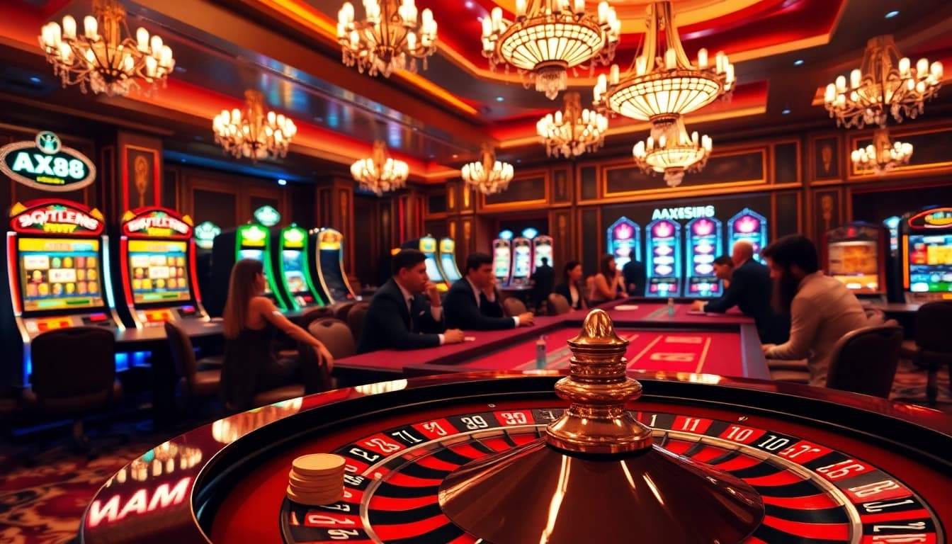 Players enjoying an exciting poker game at AX88 casino, with vibrant slot machines in the background.