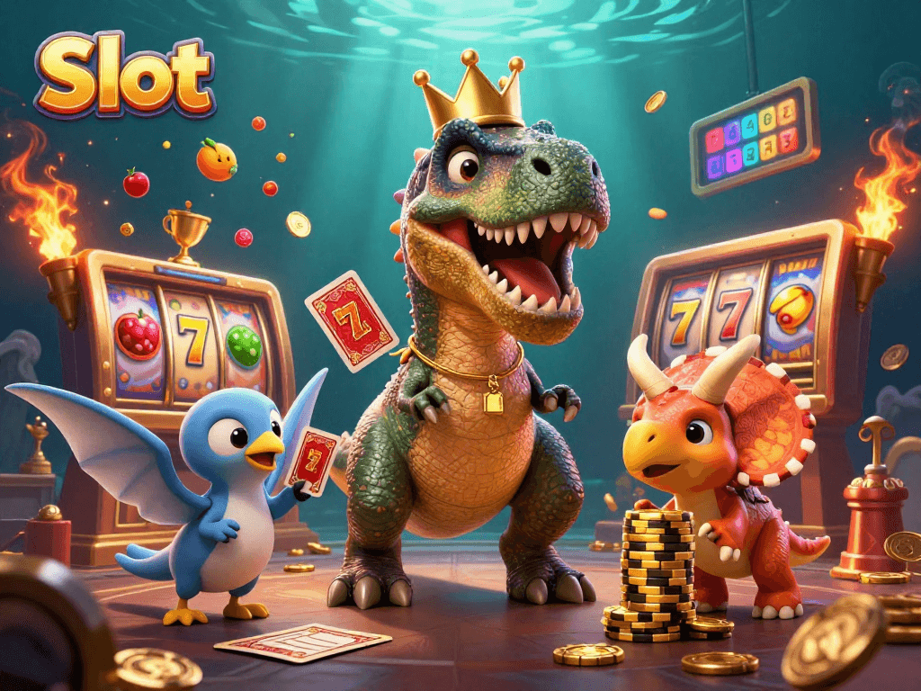 Experience the excitement of Slot games with a T-Rex shuffling cards and golden chips.