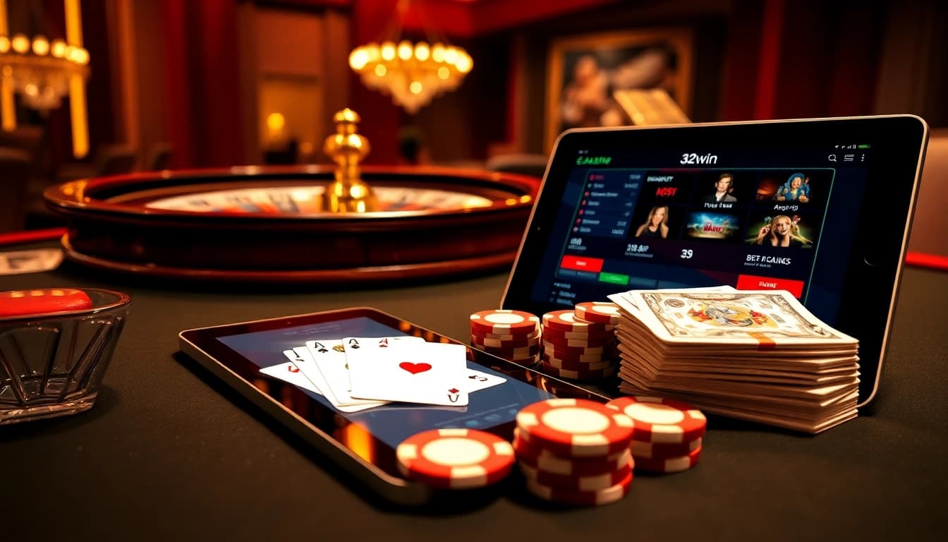 Experience the thrill of 32win with luxurious casino tables filled with poker chips and cards.