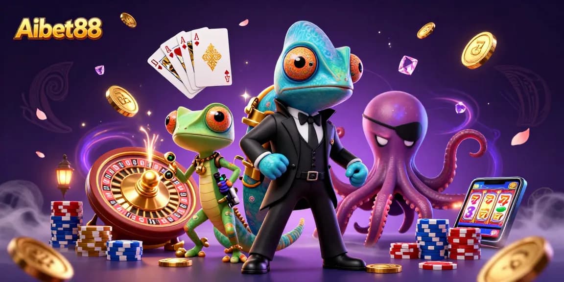 Aibet88 reveals vibrant casino magic with chameleons, gems, and dynamic characters.
