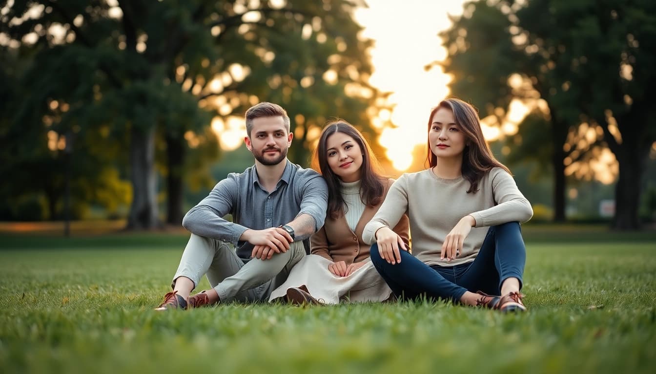 包养关系中的一对自信夫妇坐在户外优雅的环境中。