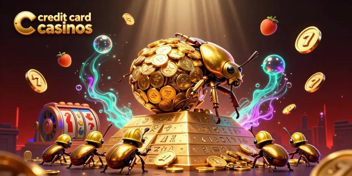 Experience the thrill at credit card casinos with 3D illustrations featuring gold beetles and dynamic casino symbols.
