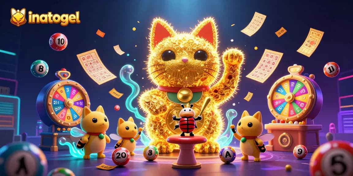 Gambarlah suasana menarik di inatogel dengan karakter kucing keberuntungan dan bola lotere yang berputar.