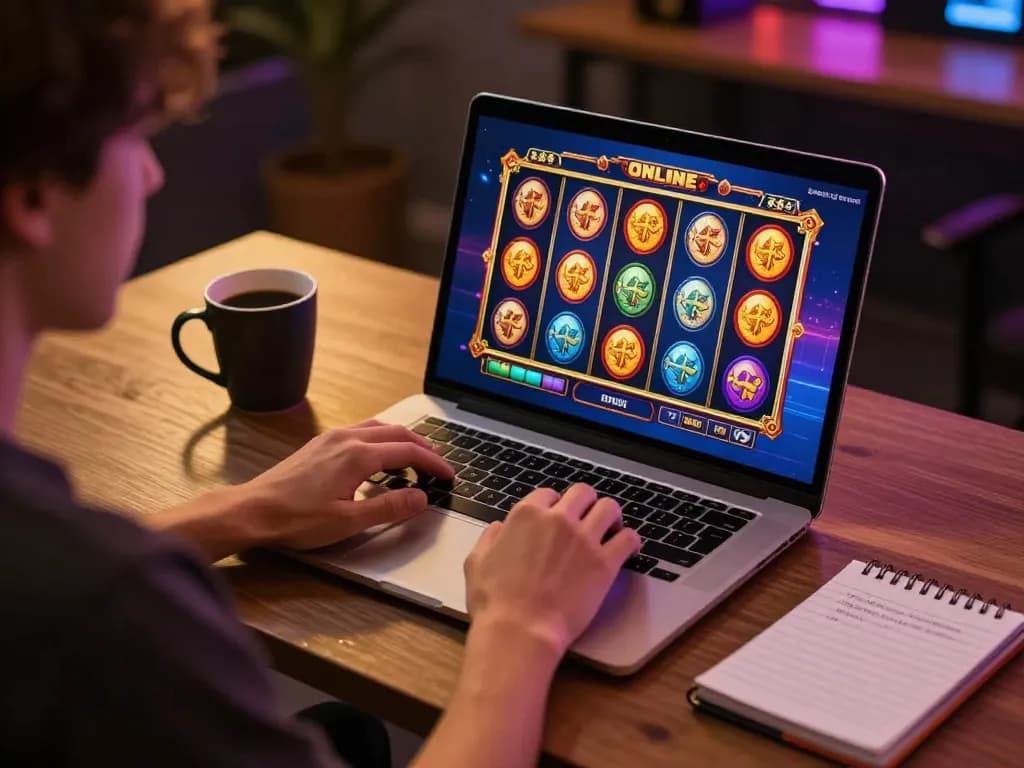 Engaging in slot online gaming at home with a laptop and strategic notes.