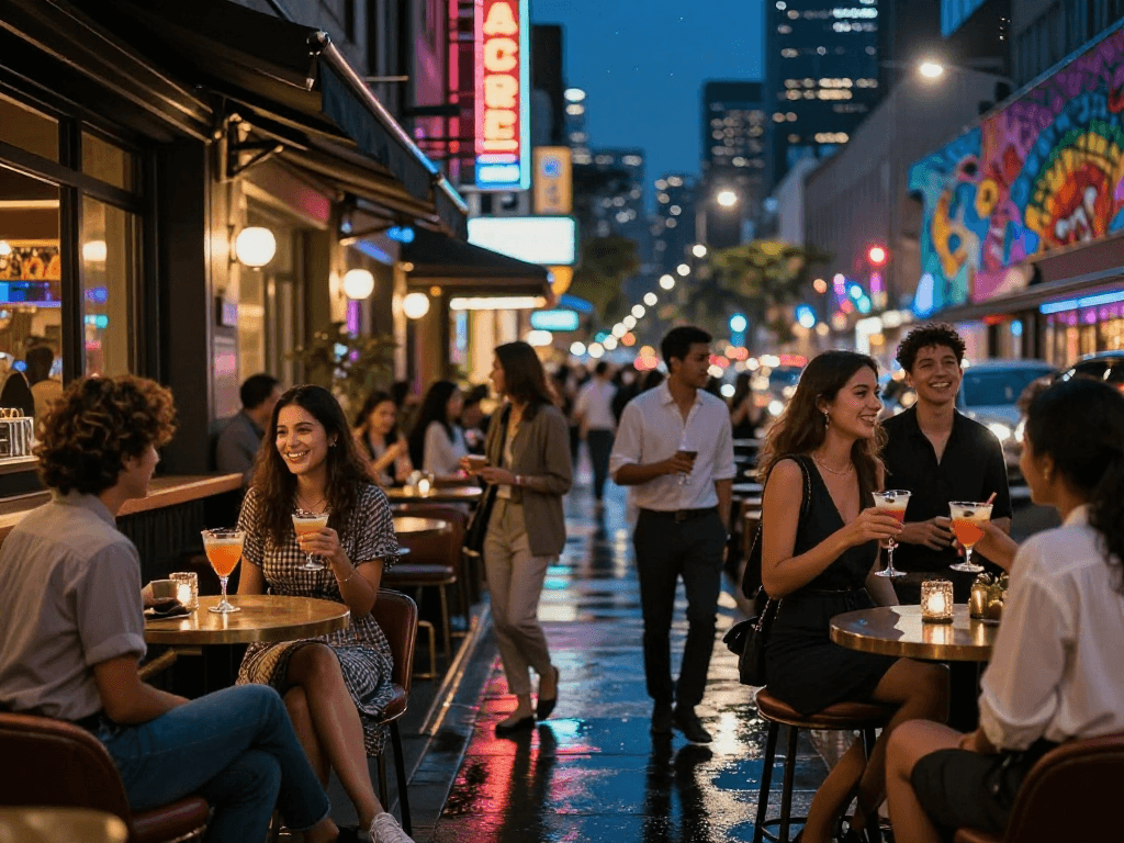 Cảnh đêm sôi động với nhóm gái gọi tận hưởng buổi tối tại phố bar hiện đại.