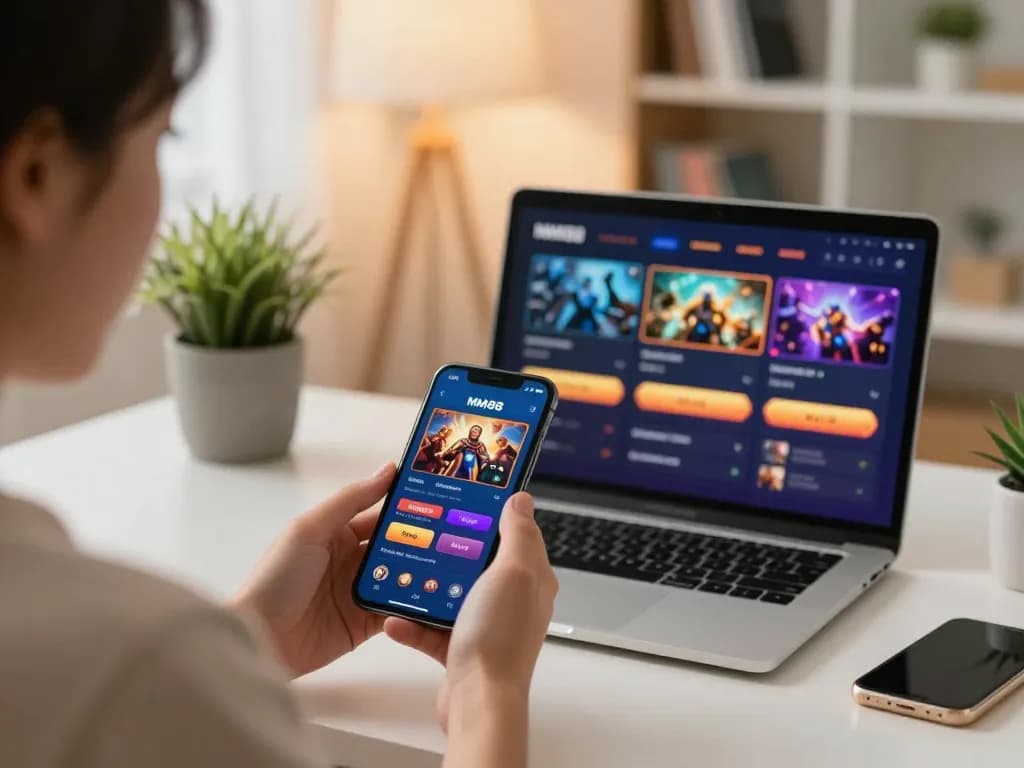 Engaging with MM88 casino app on smartphone for mobile betting in a cozy home setting.
