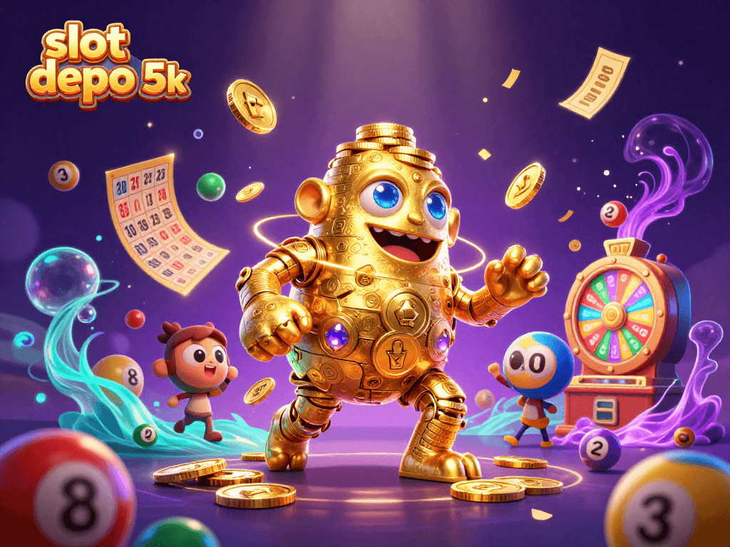 Experience thrilling gameplay with slot depo 5k as golden golem and lottery elements create a vibrant casino scene.