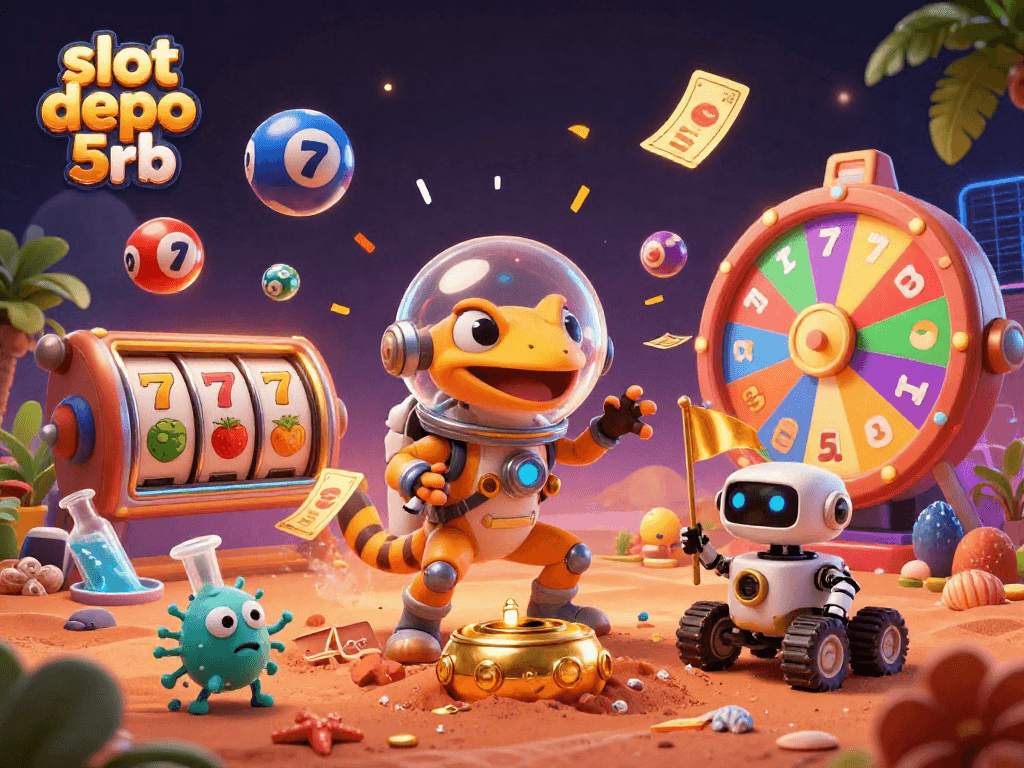 Engage with slot depo 5rb adventure, featuring a Martian gecko and robot in a golden casino.