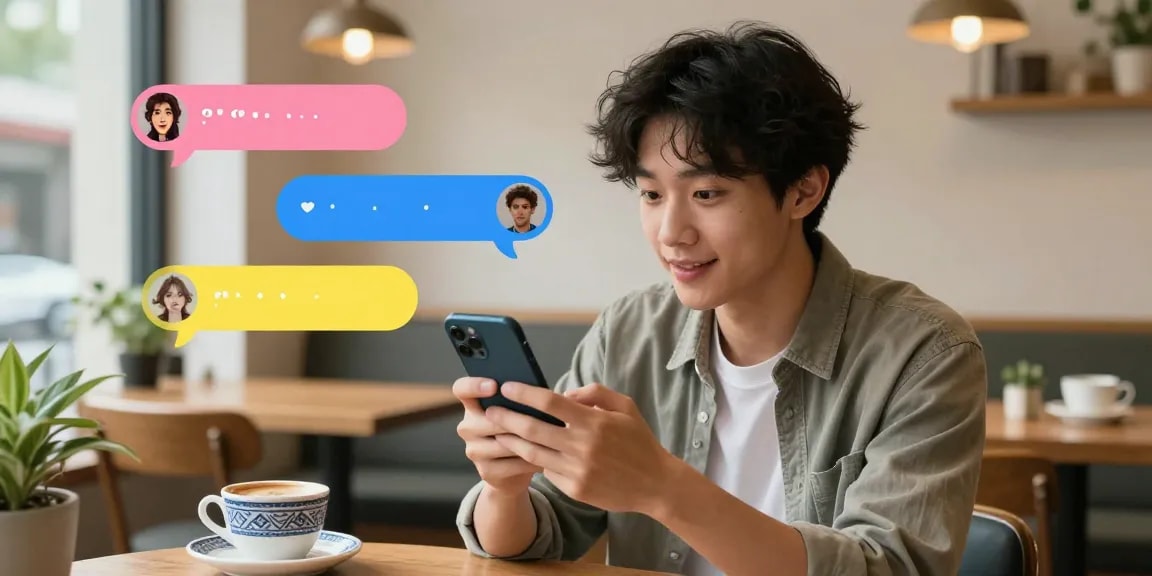 Engaging chat scene showcasing a crushon AI conversation in a cozy cafe setting.