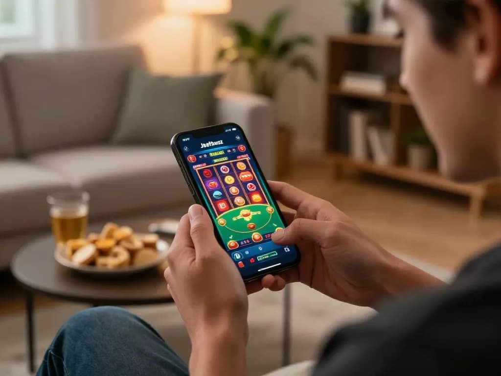 Player enjoying the Jeetbuzz App on smartphone in a cozy home setting, surrounded by snacks and beverages.