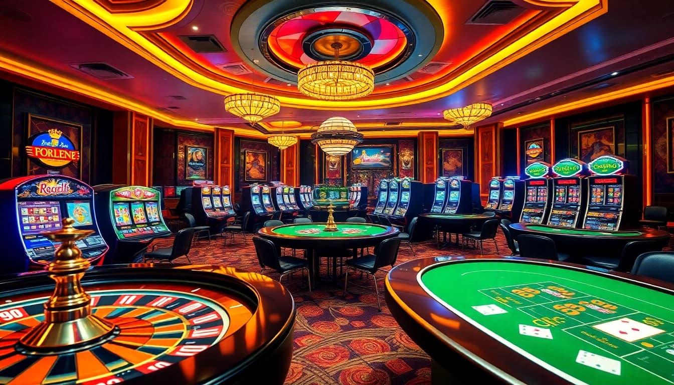 Experience the thrill of gambling at Trang Chủ RR88 with a vibrant casino scene featuring roulette and poker tables.