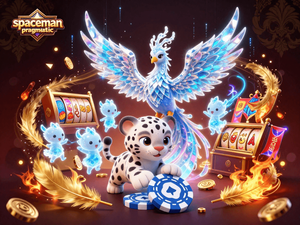 Spin the reels with spaceman pragmatic, featuring an ice phoenix, snow leopard cub, and glowing sprites surrounded by casino elements.