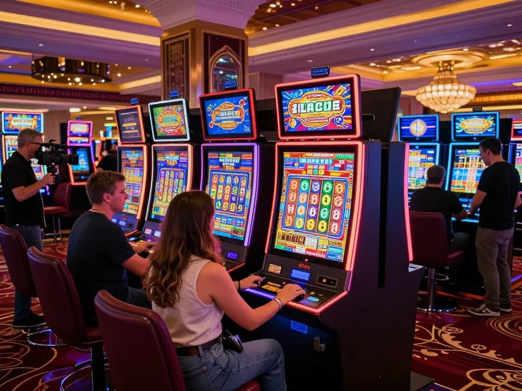 Players enjoying the excitement of link slot machines amidst vibrant casino lighting.