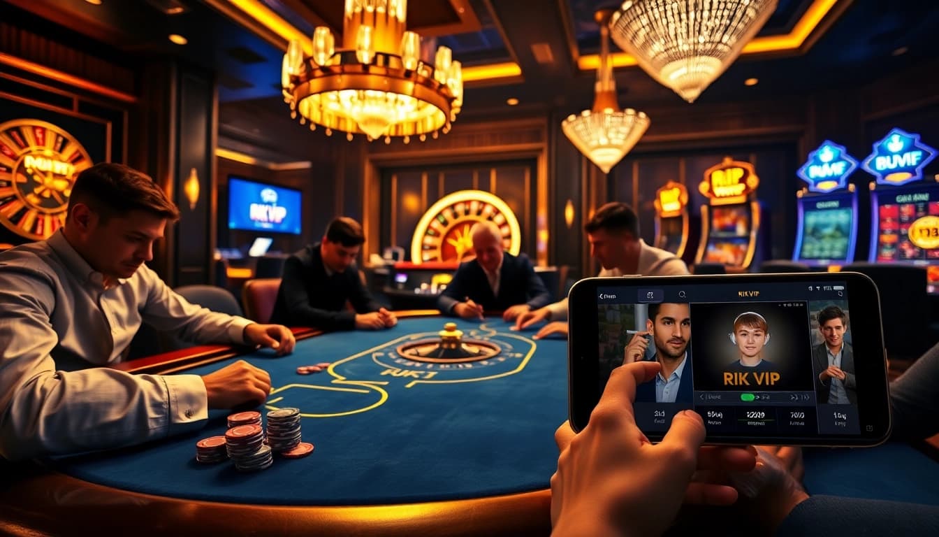 Players engaging in high-stakes poker at Rikvip's luxurious casino tables, showcasing rich visuals.