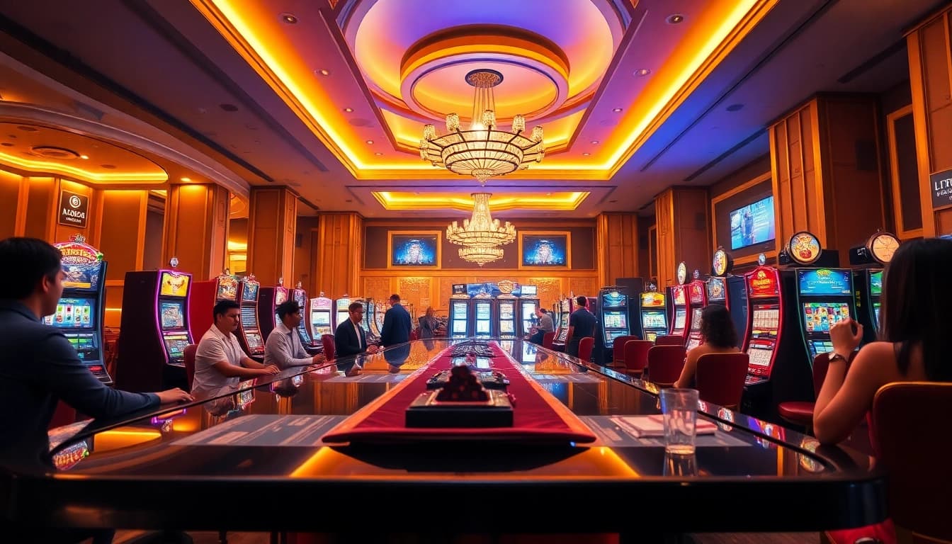 Experience the excitement of 8scom with a vibrant casino interior filled with glowing slot machines and engaging dealers.