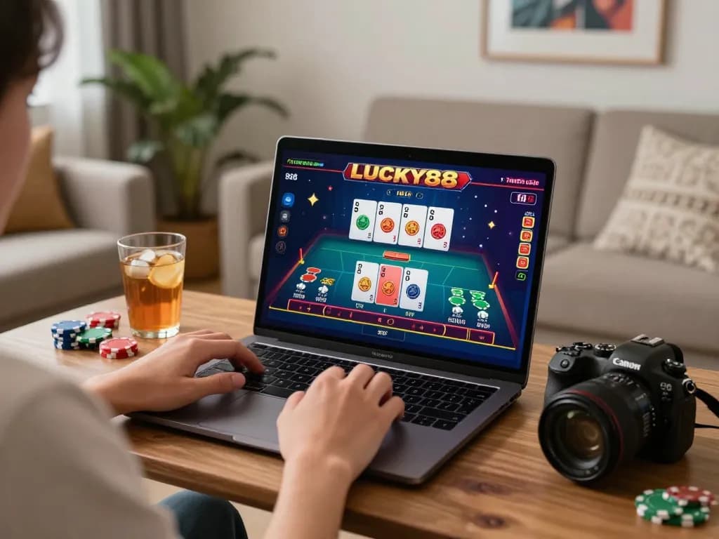 Engaging live casino action on Lucky88 with player concentrating on laptop game.