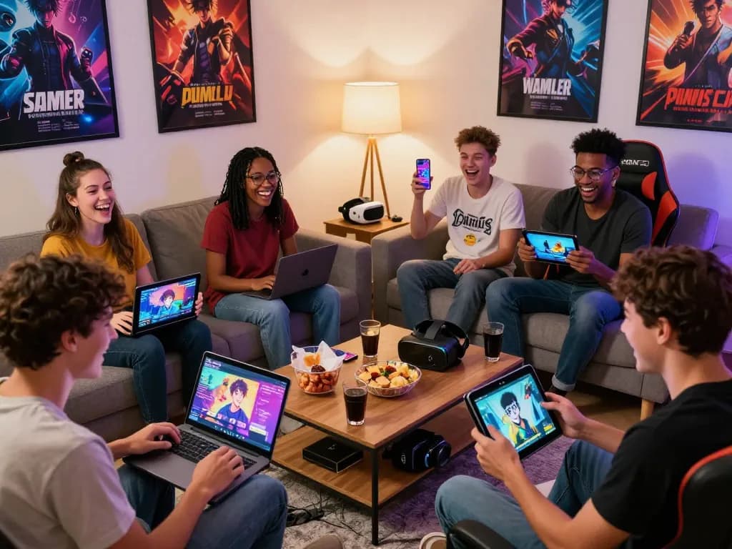 Group of friends enjoying porngames in a cozy living room with various devices.