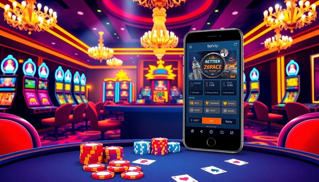 Cảnh hấp dẫn giới thiệu ứng dụng Bet VIP với các yếu tố casino sống động như chip poker và một chiếc điện thoại thông minh.