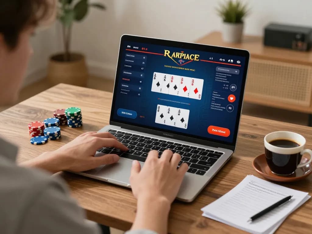 Engaging poker game on laptop, badak178 players strategizing in a cozy home setting